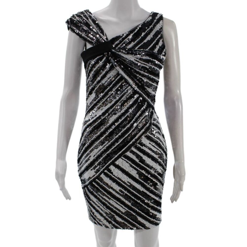Parker Black Womens Bodycon Mini Striped V-Neck Zip Dress Black Size 2